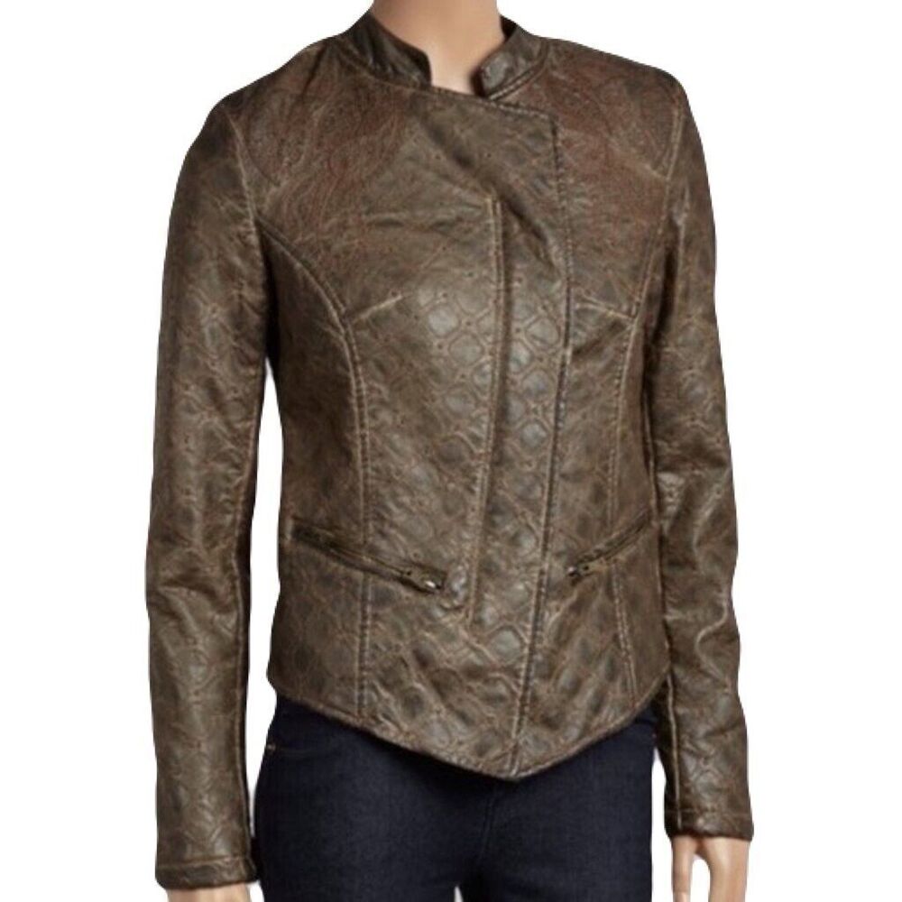 NEW Allen Schwartz Womens Small Lattice Embroidered Brown Faux Leather Jacket
